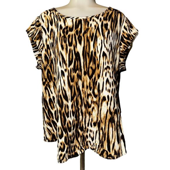 Chico's Size 2 Animal Print Short Sleeve Round Neck Top Blouse 4 Way Stretch - Picture 1 of 5